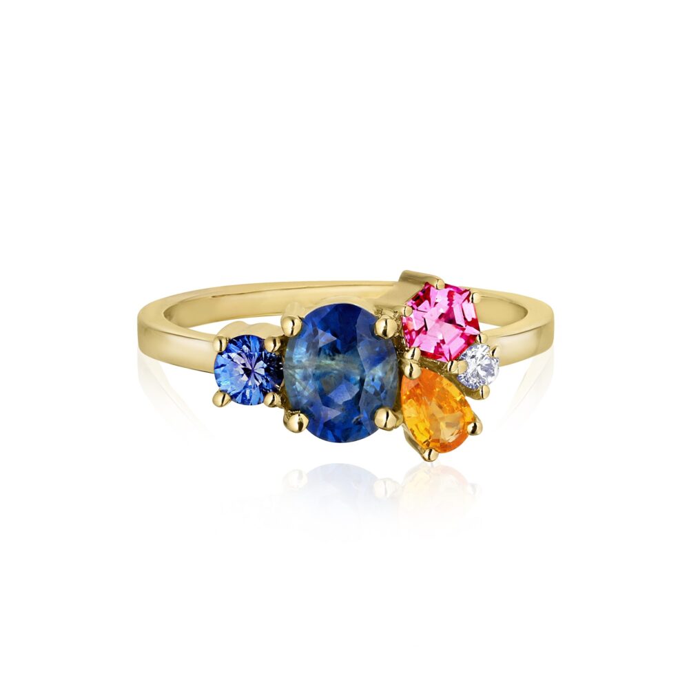 Cluster ring with teal sapphire, pink, yellow and blue sapphires and diamond set in 18K yellow gold