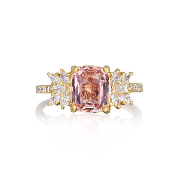 Whimsical ring with peachy pink tourmaline and diamonds set in 18K yellow gold