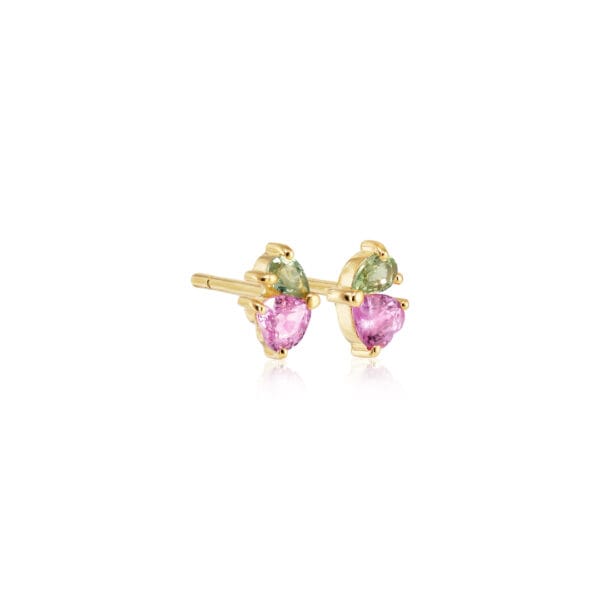 Heart ear stud with padparadscha and green sapphire