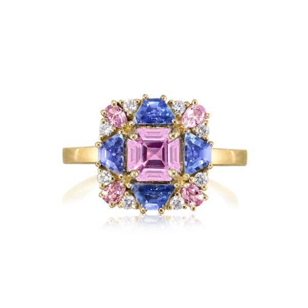 Pink and blue ring with sapphires and diamonds
