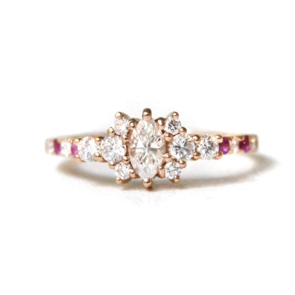 Marquis diamond ring with pink sapphires set in 18K rose gold
