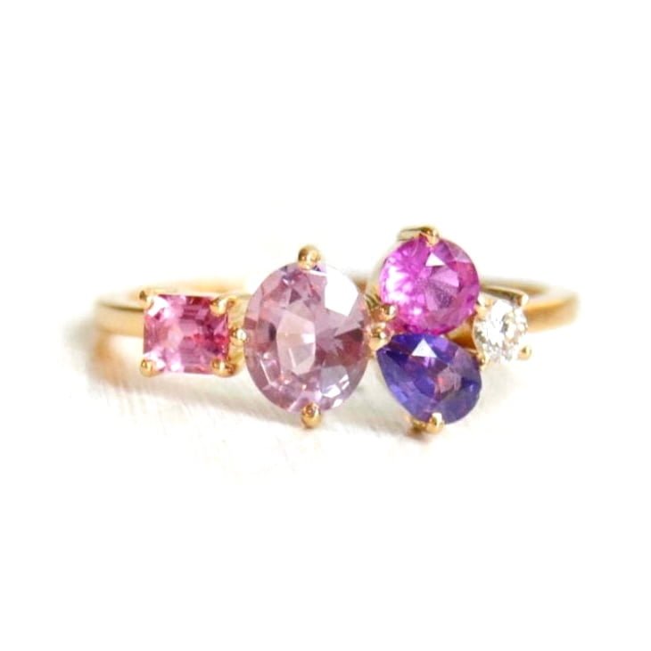 pink cluster ring with diamonds set in 18k yellow gold