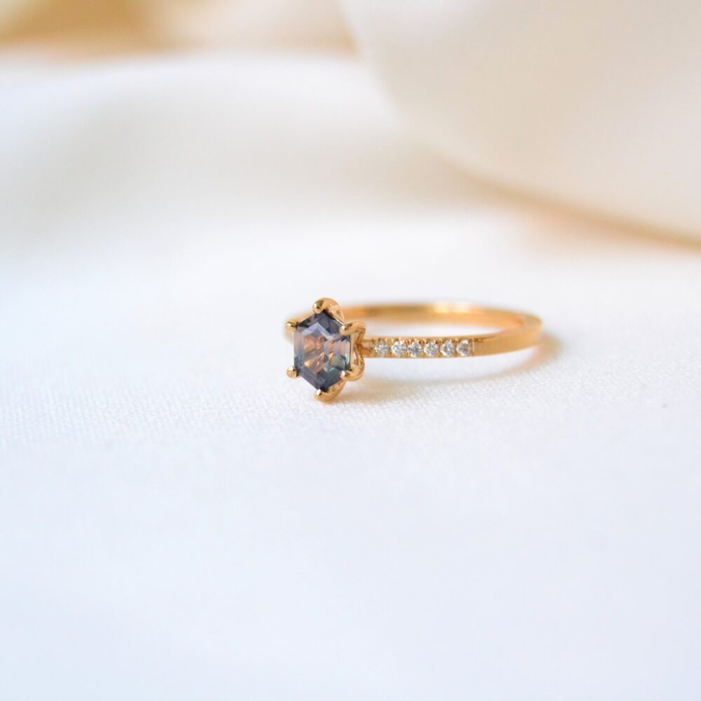 Unheated bi-color sapphire ring with diamonds