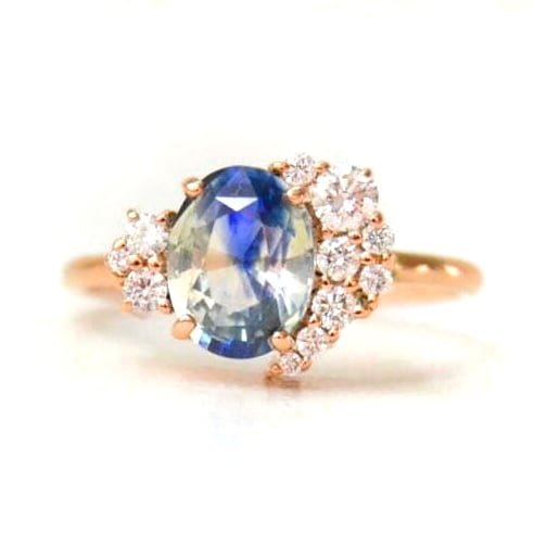Unheated sapphire ring with diamonds set in 18k rose gold