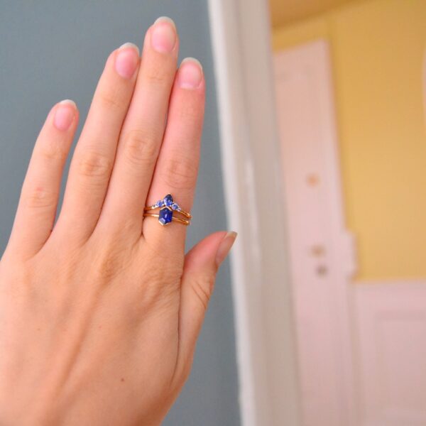 Hexagon sapphire ring stack with blue sapphires