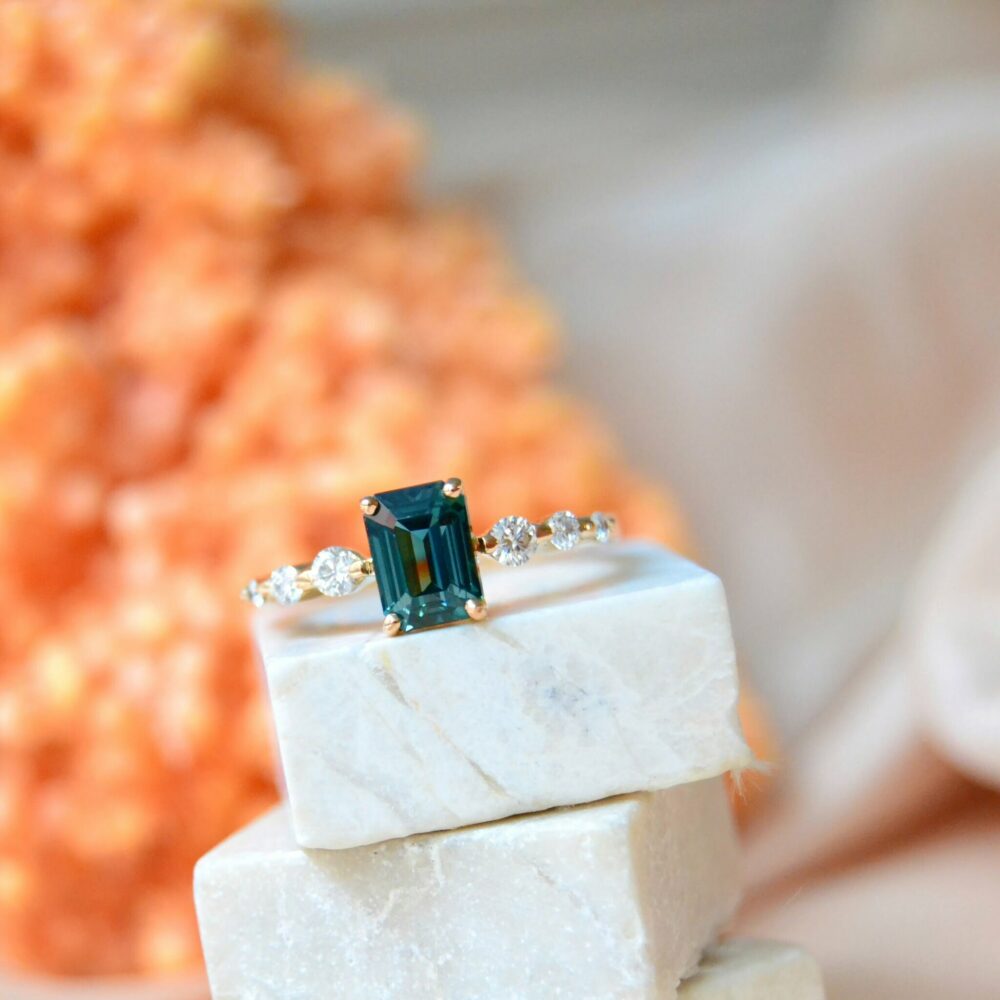 Unheated green sapphire ring with diamonds