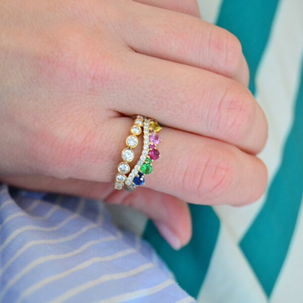 Diamond and sapphire rainbow ring stack