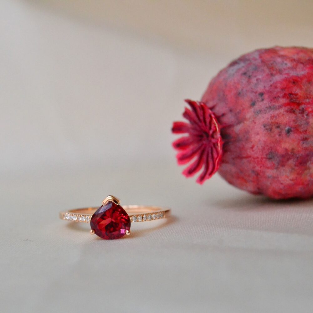 Pink tourmaline ring with diamonds set in rose gold