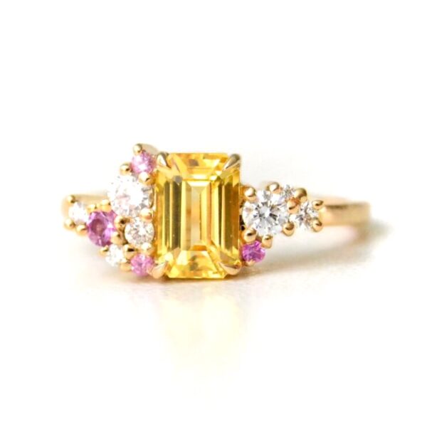 Yellow Sapphire Cluster Ring With diamonds and pink sapphires