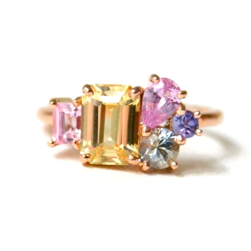 Unheated yellow sapphire Ring with birthstones set in 18k rose gold