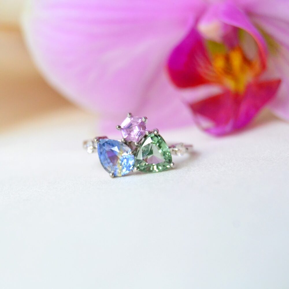 Colorful cluster ring with sapphire and tourmaline