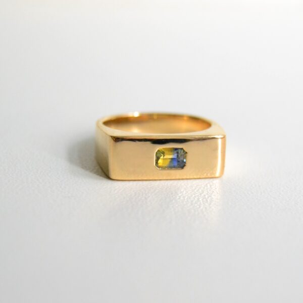 Bi-color sapphire signet ring made of 14k yellow gold