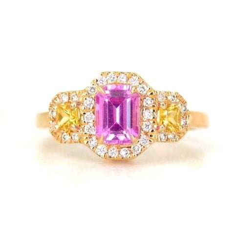Emerald cut pink sapphire ring with diamonds