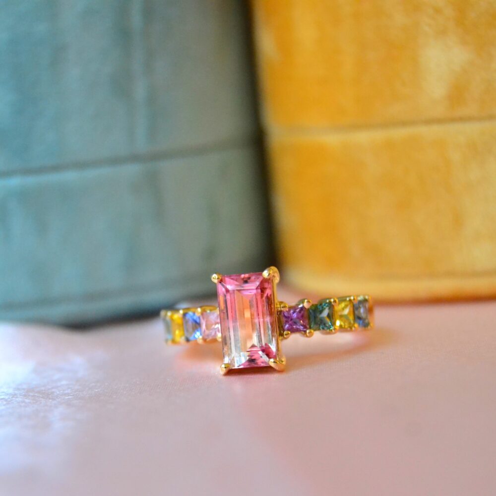 Birthstone ring with tourmalines and sapphires