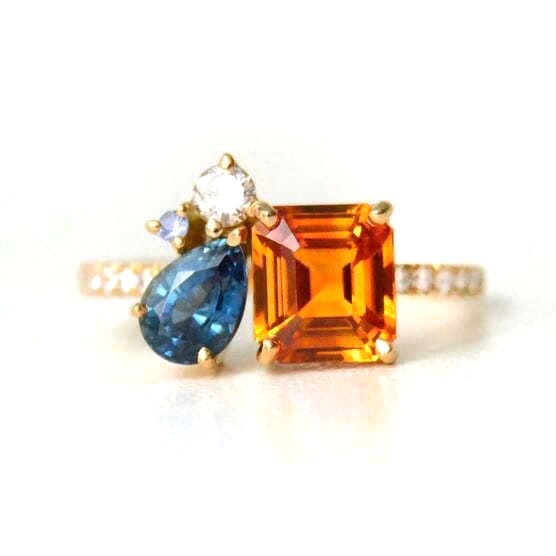 Orange sapphire Ring with teal sapphire and diamonds