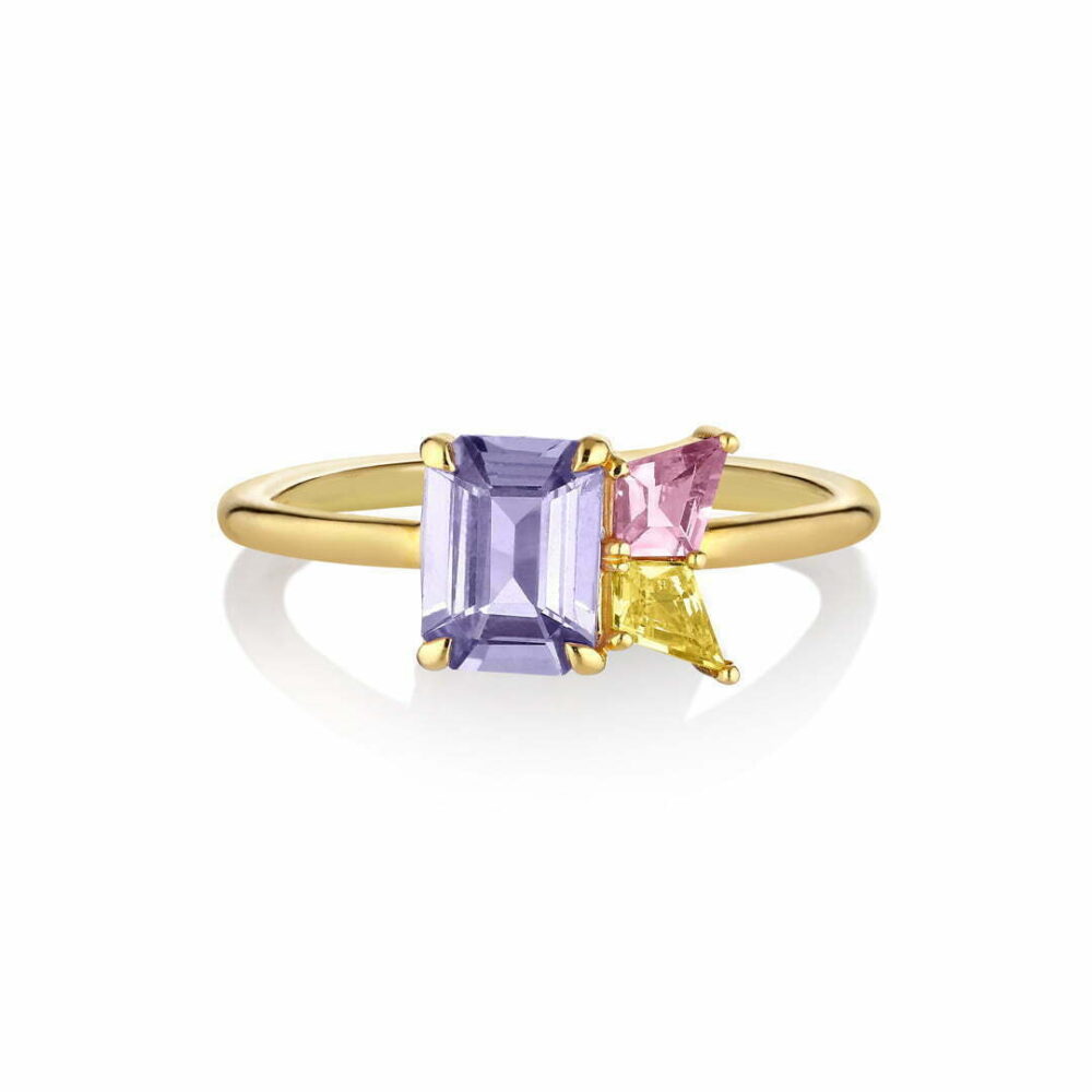 Purple sapphire ring with yellow and pink sapphire in 18k yellow gold