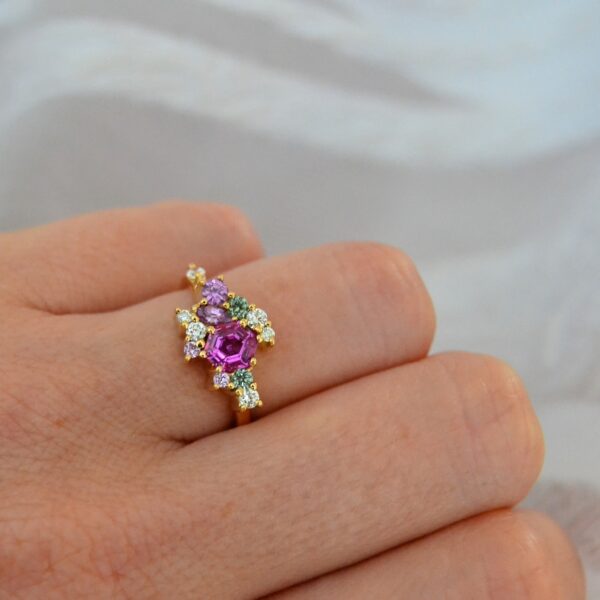 Hexagon pink sapphire cluster ring