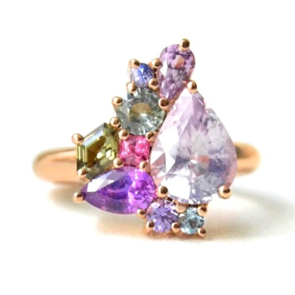 Lavender Sapphire Cluster Ring With multi colored sapphires set in 18k rose gold