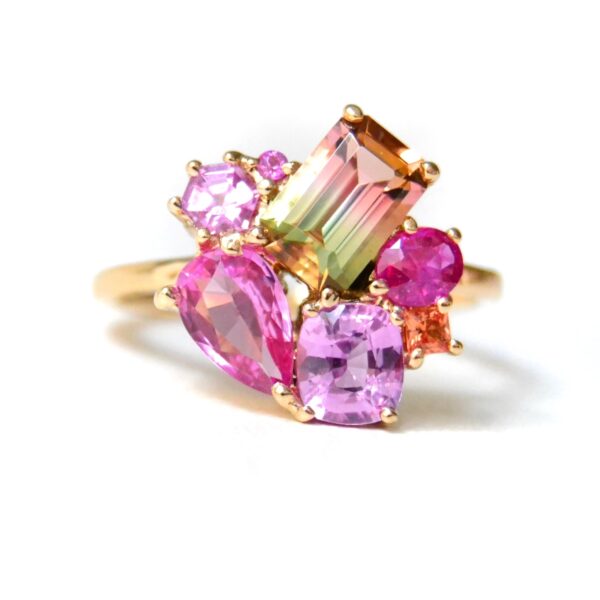 Watermelon tourmaline ring with sapphires set in 18k yellow gold