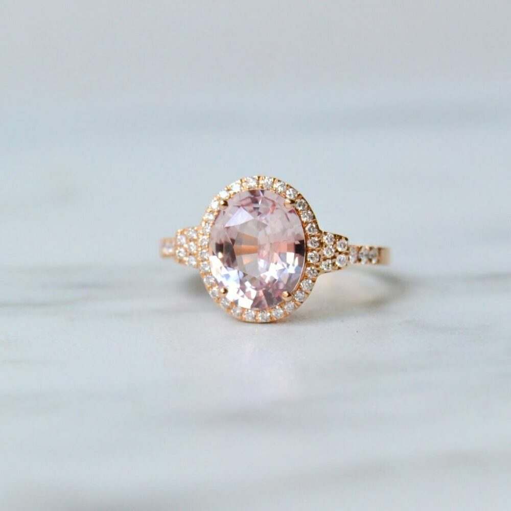Peach sapphire halo ring