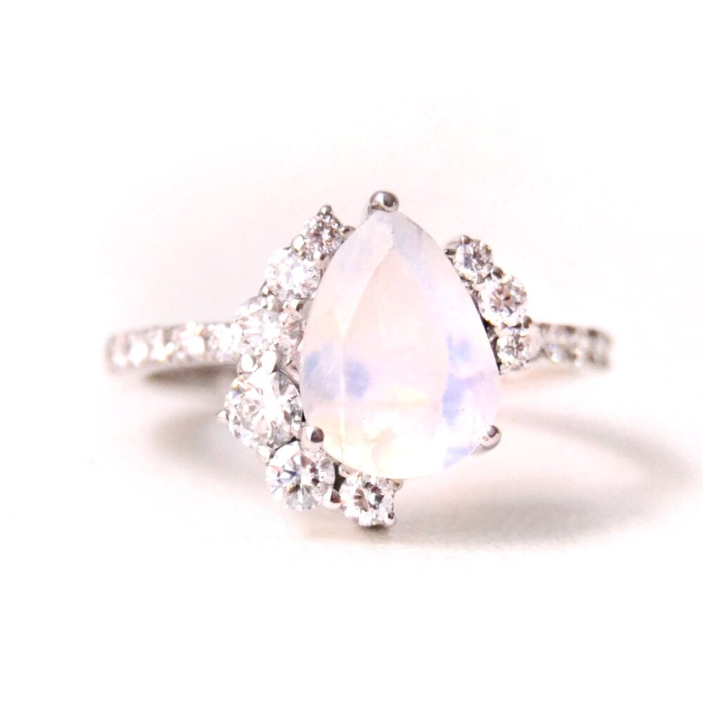 moonstone ring with diamonds set in 18k white gold