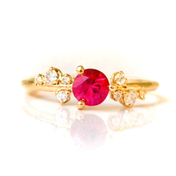 Asymmetric Ruby Engagement Ring With diamonds set in 18k yellow gold