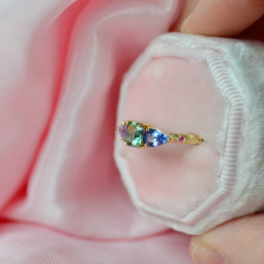Colorful three stone ring with sapphires
