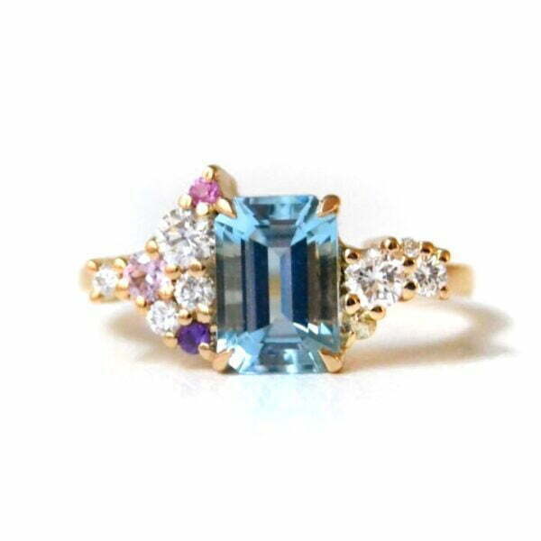 Aquamarine ring with sapphires and diamonds set in 18k yellow gold