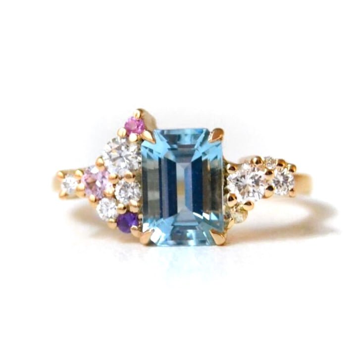 Aquamarine ring with sapphires and diamonds set in 18k yellow gold