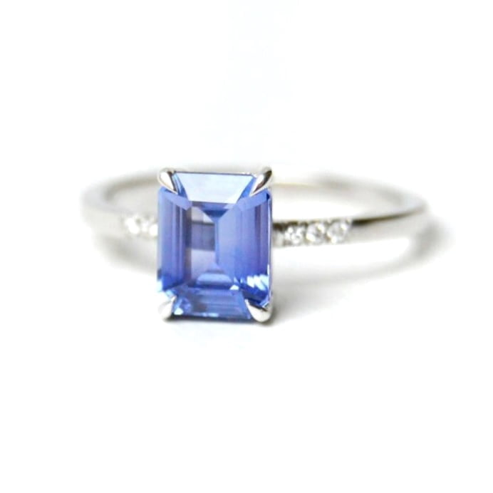 lavender sapphire ring with diamonds set in 18k white gold