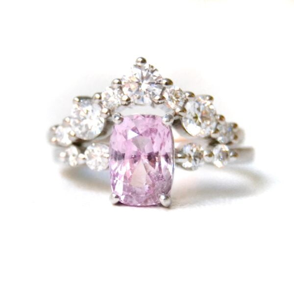 Wedding ring stack with pink sapphire and diamonds set in 18K white gold