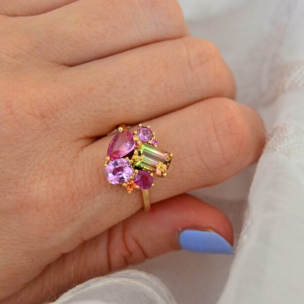 1.39ct watermelon tourmaline ring in a cluster design