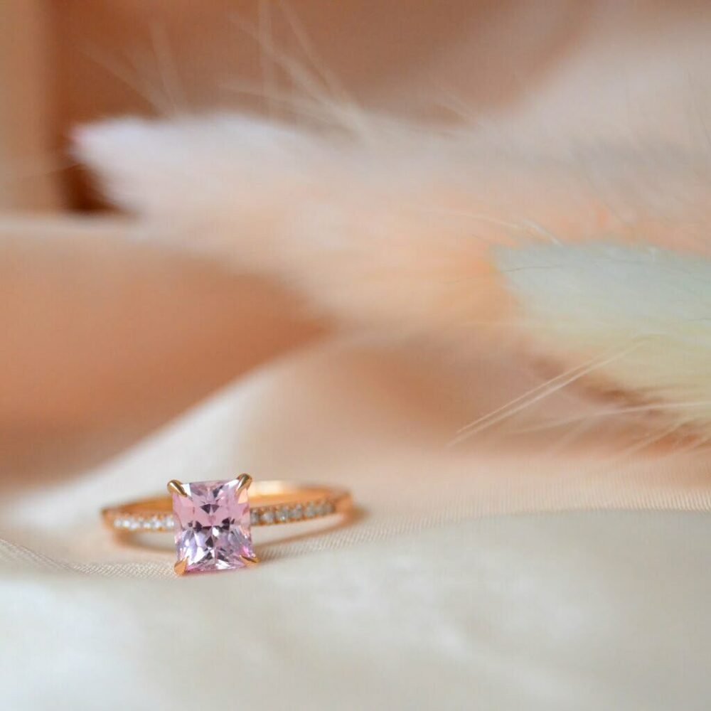 Radiant cut pink sapphire ring