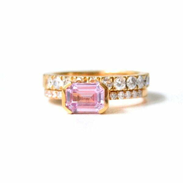 Baby pink sapphire ring stacked with a half eternity diamond made of rose gold