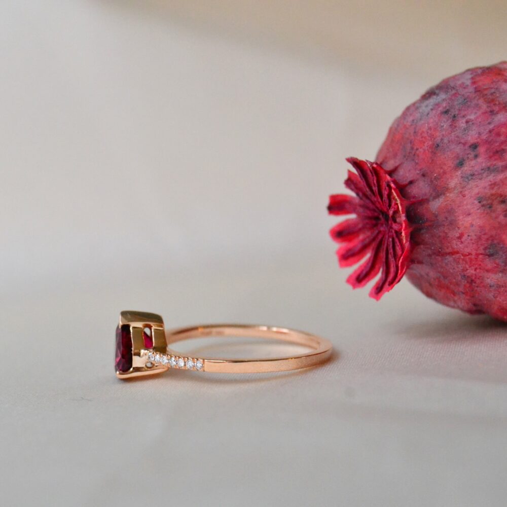 Pink tourmaline ring with diamonds set in rose gold