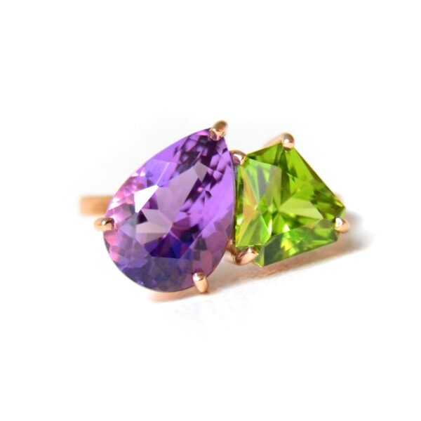 Heirloom gemstone ring with amethyst and peridot set in 18k rose gold