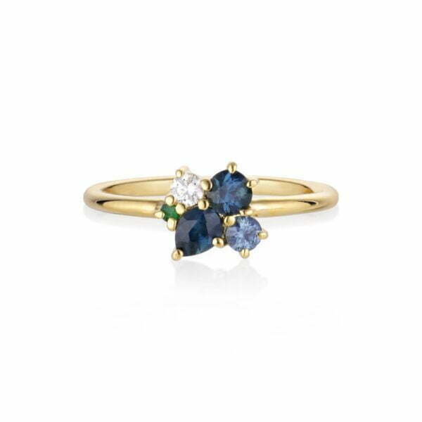 Mini cluster ring with teal sapphires, diamonds and tsavorites set in 18K yellow gold