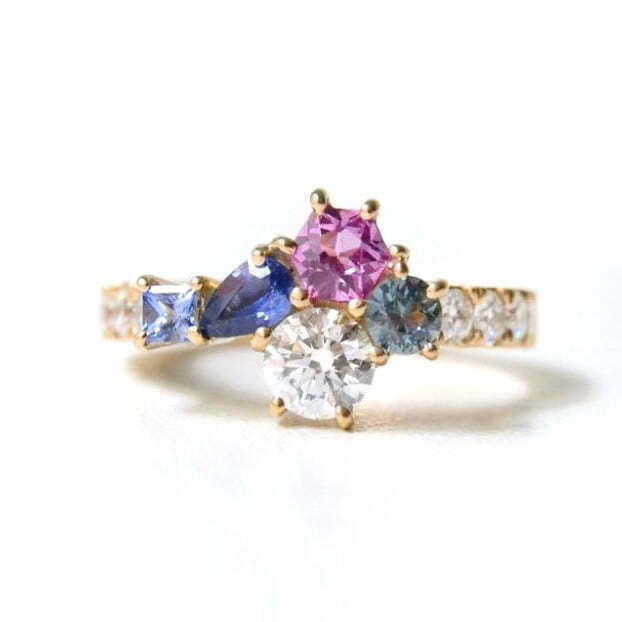 diamond cluster ring with sapphires set in 18k yellow gold