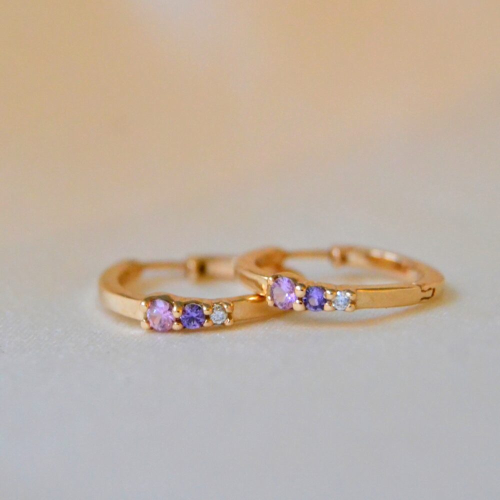 Pastel earrings with pink and purple sapphires and diamonds set in 14K yellow gold