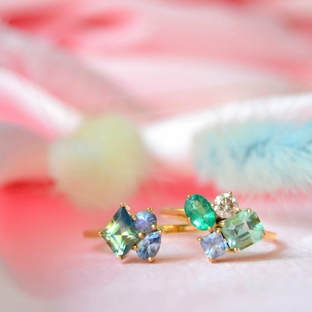 Birthstone ring with tourmaline, emerald, diamond and sapphire