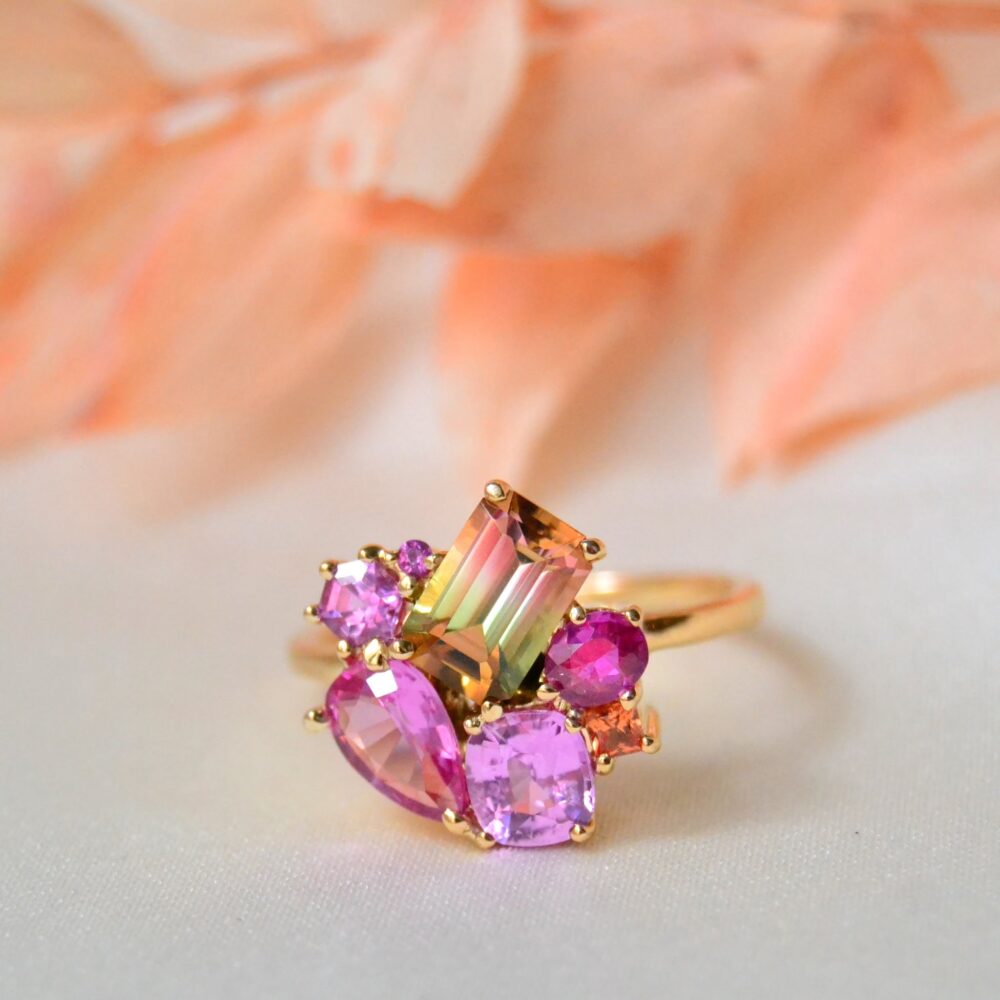 1.39ct watermelon tourmaline ring in a cluster design