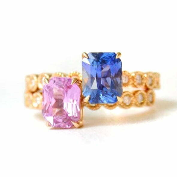 Ring stack with blue and pink sapphires