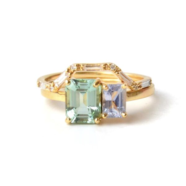 Emerald cut ring stack with tourmaline, sapphire and diamonds set in 18K yellow gold