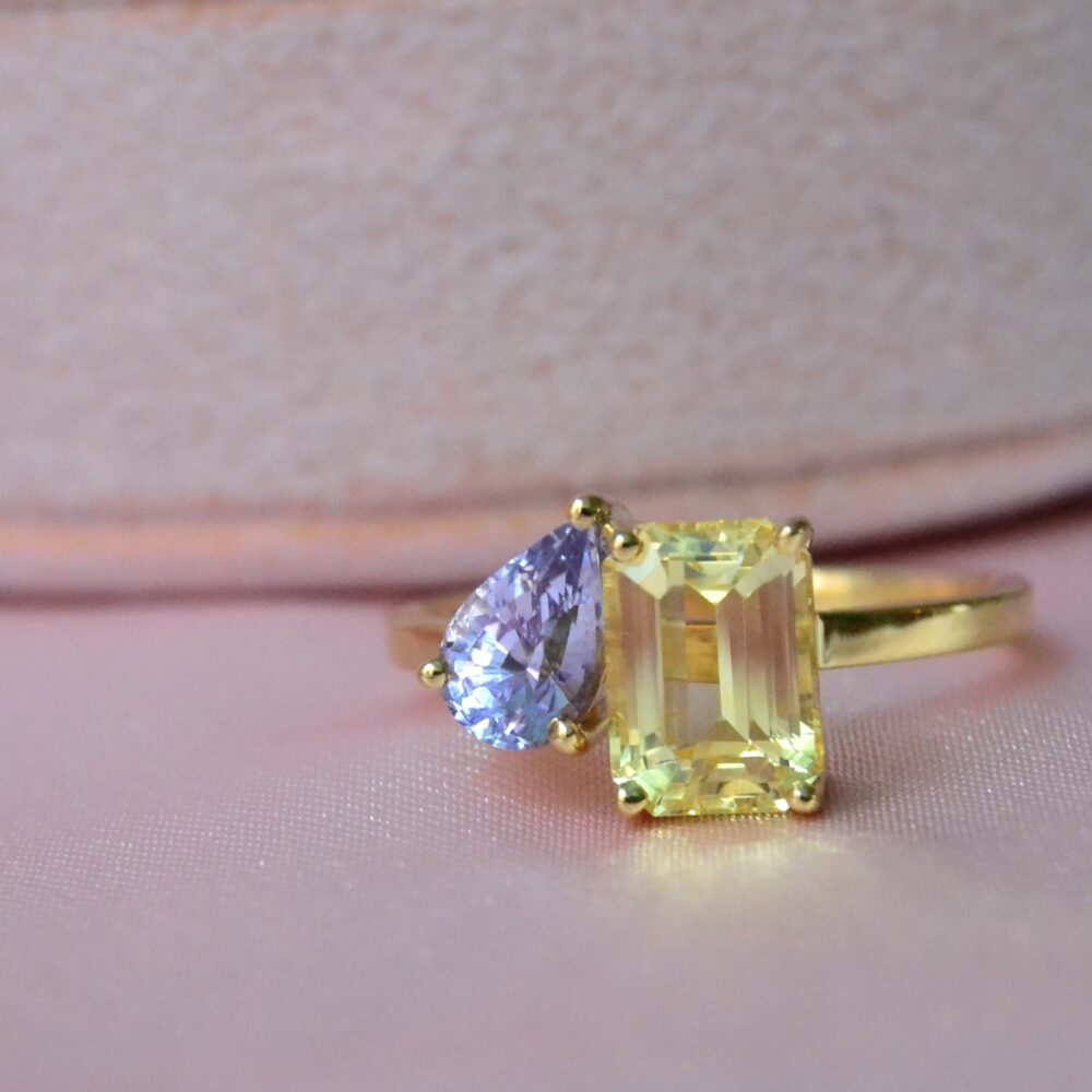 Unheated yellow sapphire toi et moi ring with lavender sapphire set in 18k yellow gold