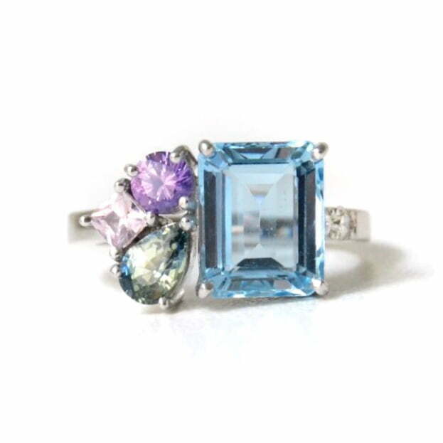 Aquamarine ring With sapphires set in 18k white gold