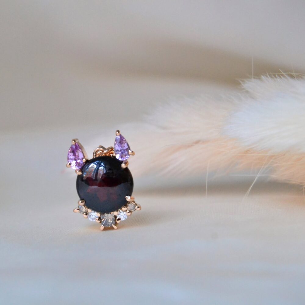 Dog pendant with heirloom garnet, brown diamonds and sapphires
