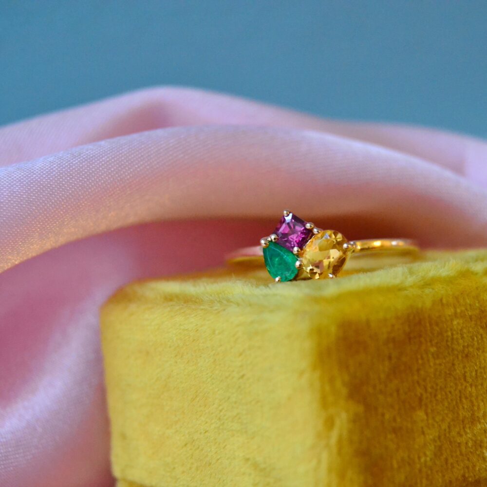 Birthstone ring with citrine, emerald and ruby