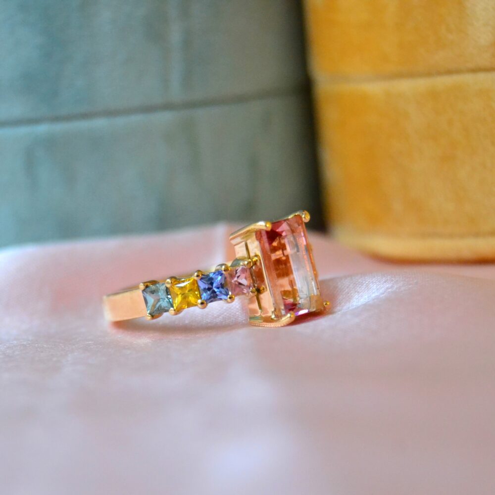 Bi-color tourmaline ring with rainbow sapphires