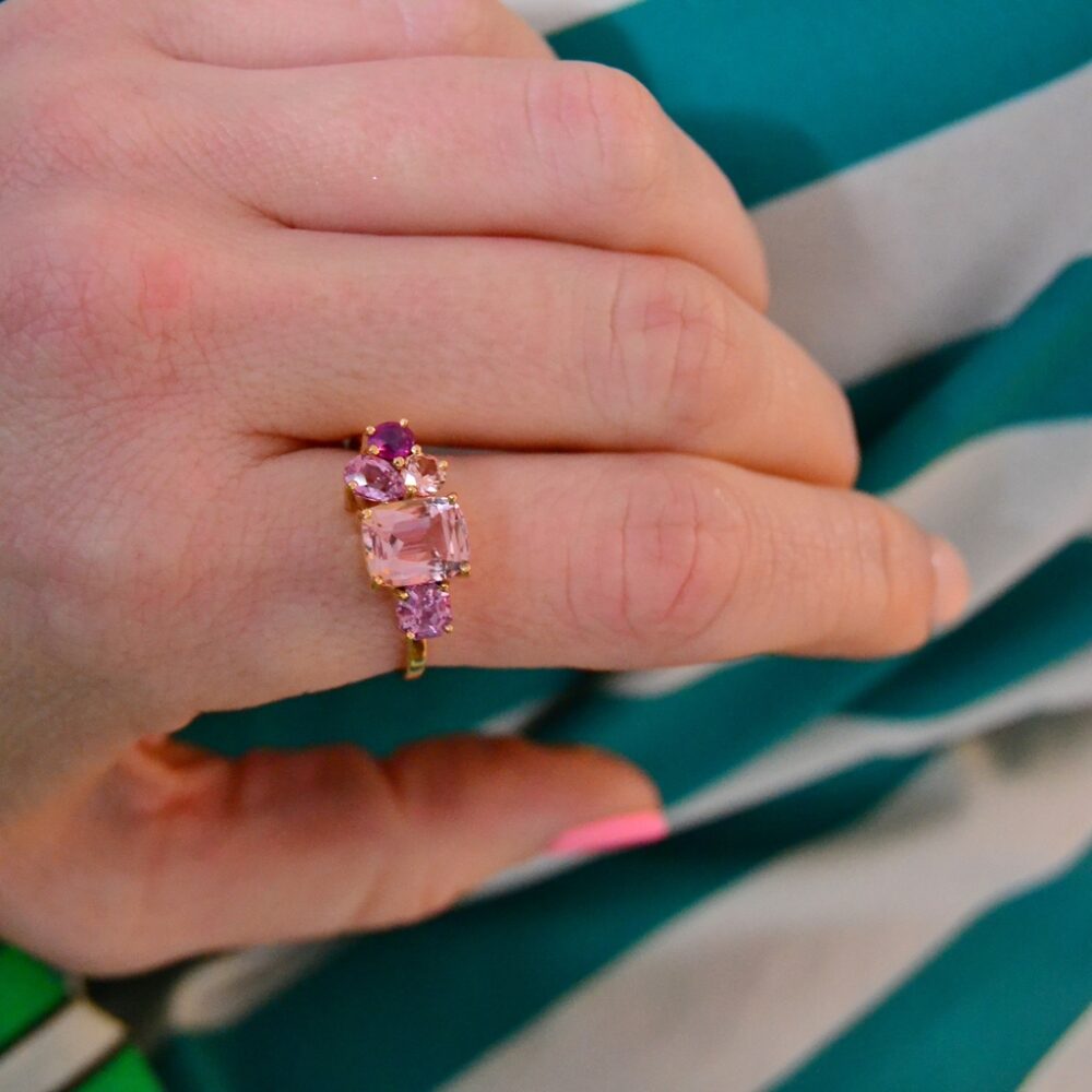 Pink tourmaline cluster ring with sapphires