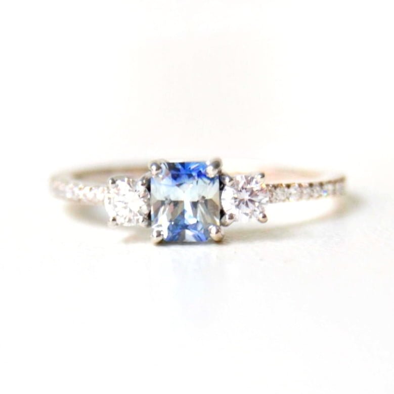 three stone ring with bi-color sapphire and diamonds